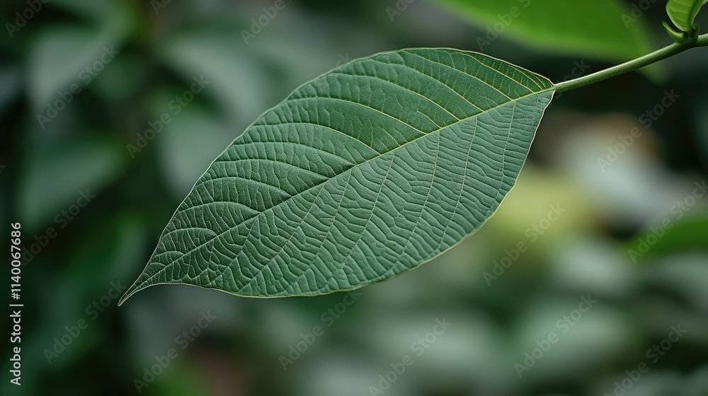 Poster close-up of vibrant green leaf with intricate texture against a blurred garden background highlighti