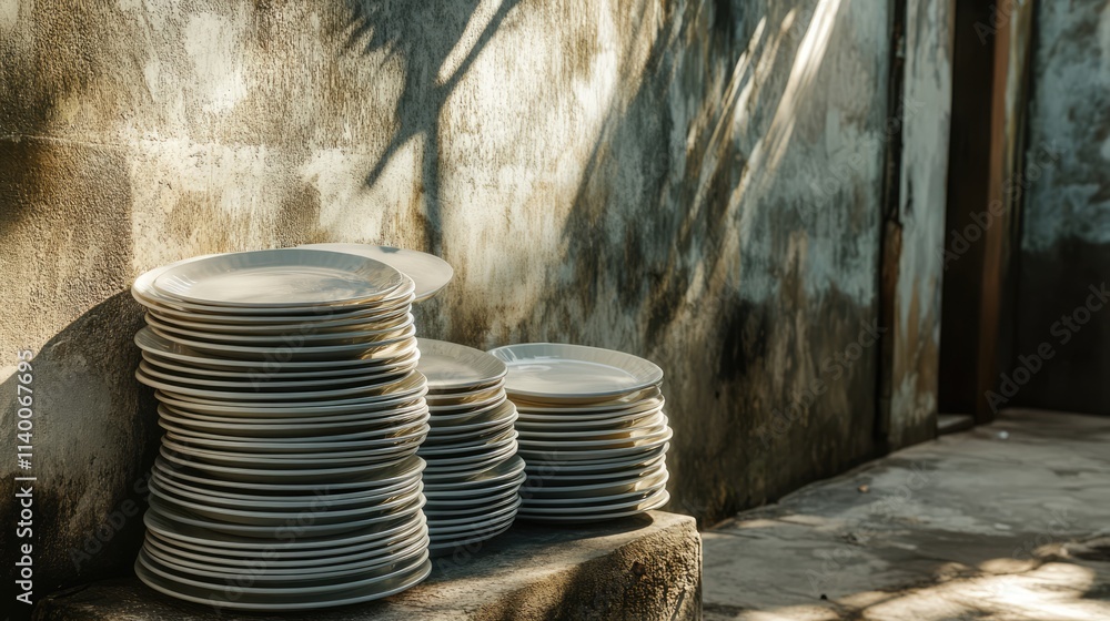 Poster stacked dirty plates in a back alley showing textured walls and natural sunlight with artistic angle