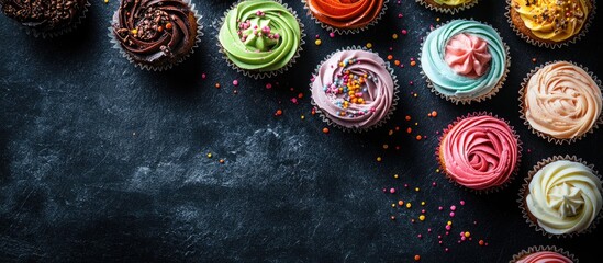 Colorful assortment of decorated cupcakes arranged on a dark textured background viewed from above for dessert or baking concepts