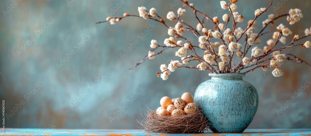 Aufkleber Willow branches in a vase with quail eggs nestled in a nest on a rustic colored wooden table setting