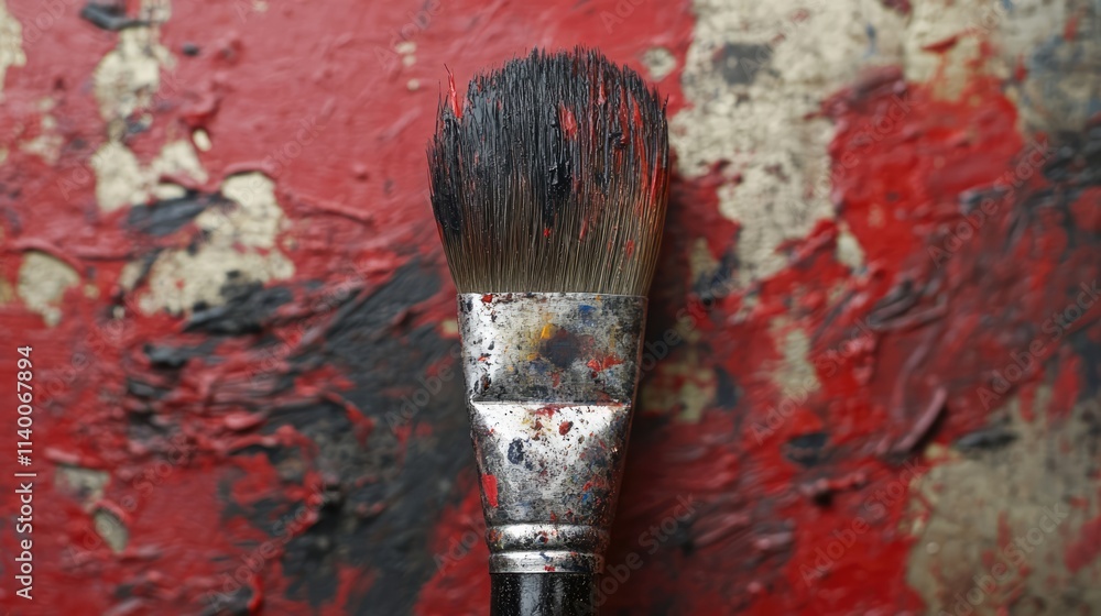 Poster Worn paintbrush resting on textured red and multi-colored canvas background