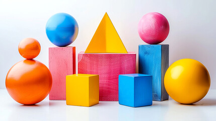 Vibrant geometric shapes create a playful arrangement on a bright surface