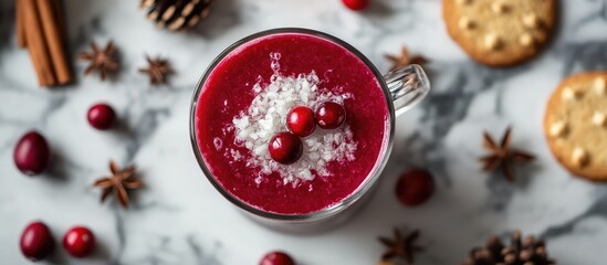Cranberry punch in a cup topped with cranberries and snowflakes surrounded by spices and cookies on a marble surface