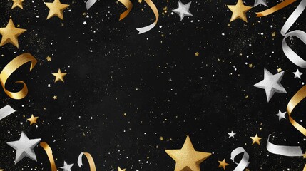 Christmas Background Starry Night Holiday Background with Gold and Silver Stars and Ribbons
