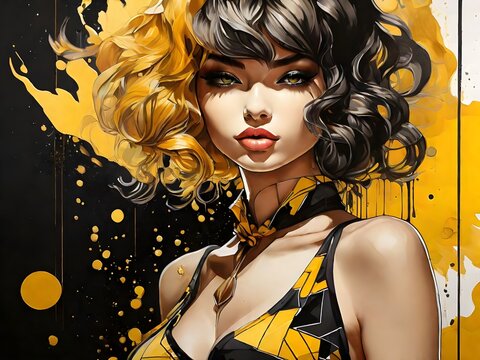 Neobrutalist-style cartoon portrait illustration of a woman against black and yellow paint splash background