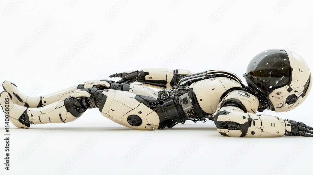 Poster a humanoid robot in a prone position, showcasing advanced design and technology.