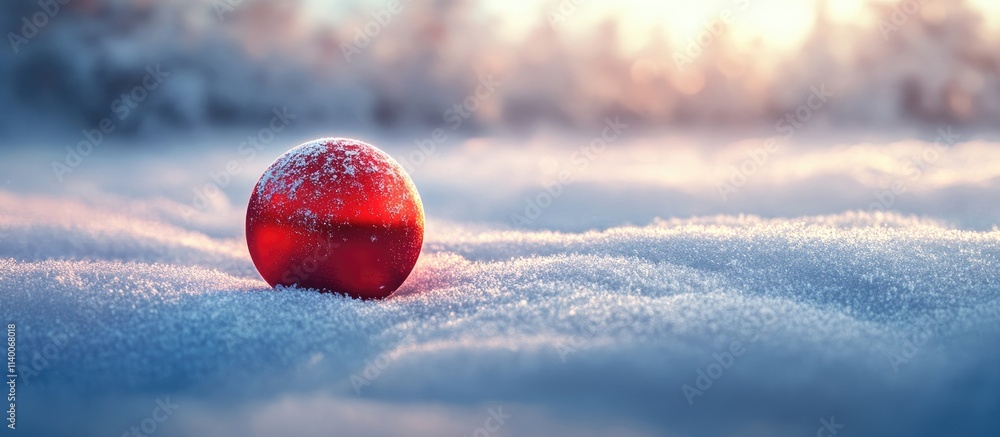 Aufkleber Red Christmas ornament resting on a soft snowy landscape during winter with a serene blurred forest background and gentle light.