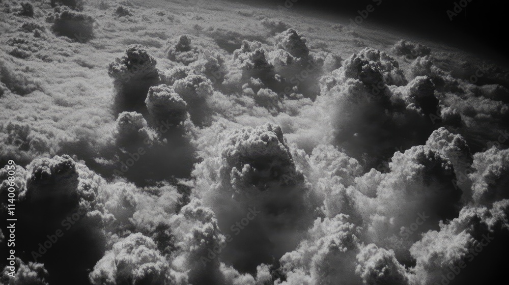 Poster aerial view of dramatic cloud formations captured from an airplane in monochrome tones showcasing th