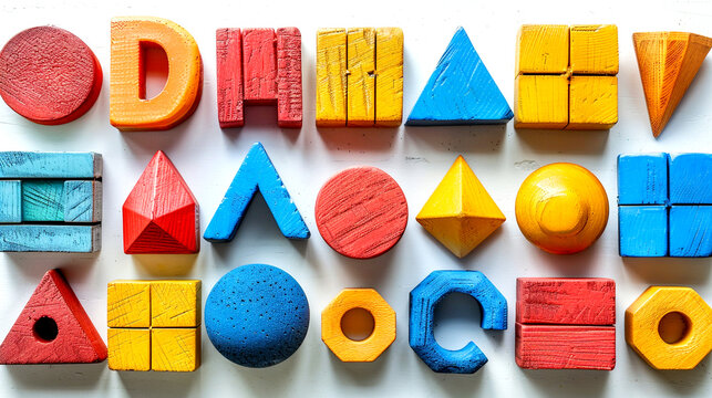 Colorful wooden shapes arranged artistically for playful learning