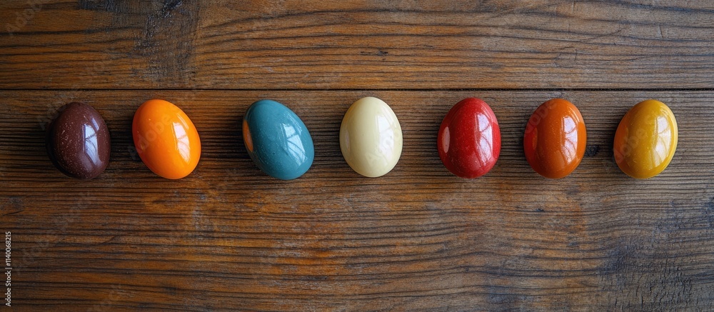 Poster colored chocolate easter eggs arranged on a wooden background with empty space for text or messages 