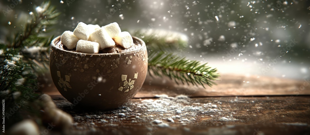 Poster warm cup of chocolate with marshmallows on rustic table surrounded by pine branches and falling snow