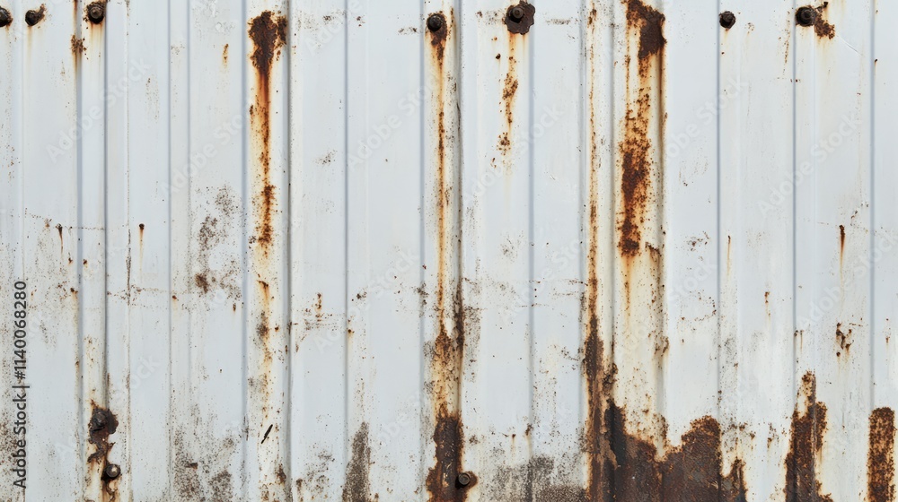 Poster Weathered white metal sheet with rust stains and vertical lines creating a textured industrial backdrop with shadows.