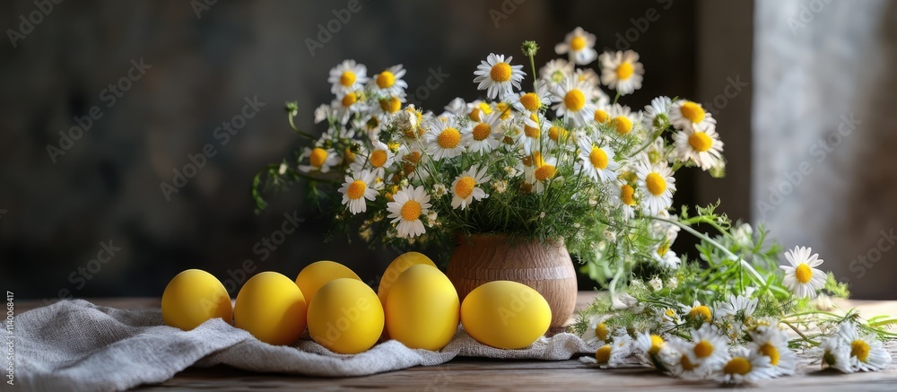 Poster cozy easter table setup featuring yellow eggs and fresh chamomile flowers in a rustic setting with n