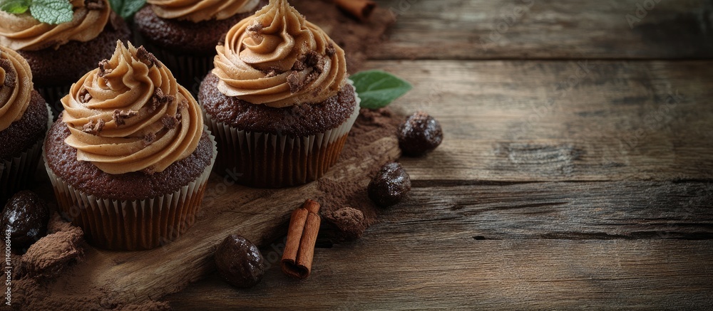 Poster chocolate cupcakes topped with creamy frosting and adorned with cinnamon, displayed elegantly on a r