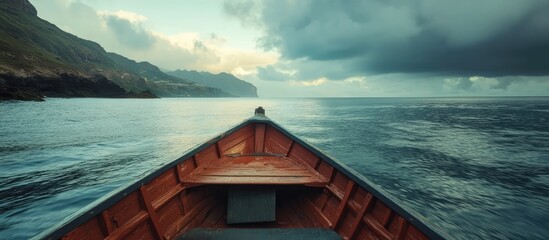 Serene coastal boat journey with a captivating view of tranquil waters and dramatic cloud formations on the horizon.