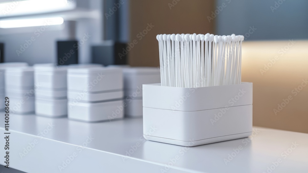 Poster cotton swab dispenser with swabs on a minimalist white shelf in a modern bathroom setting