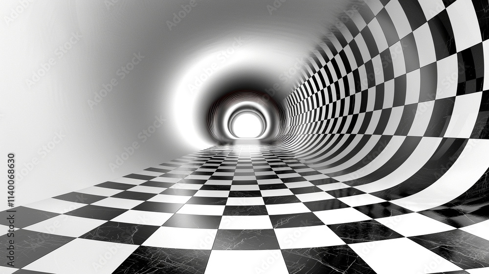 Aufkleber mesmerizing black and white tunnel with checkered patterns and light exit