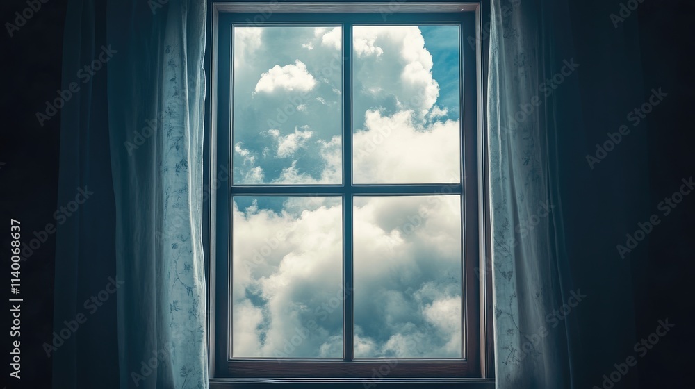 Poster serene view of fluffy clouds through a rustic window framed by sheer curtains capturing a tranquil a
