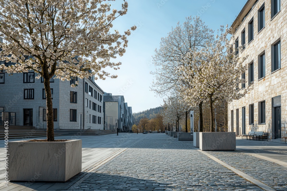 Poster a serene urban scene featuring flowering trees and modern buildings under a clear sky.