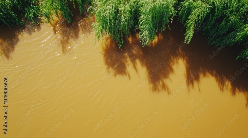 Aufkleber brown river water with reflections and green willow tree branches framing the top of the scene in a 