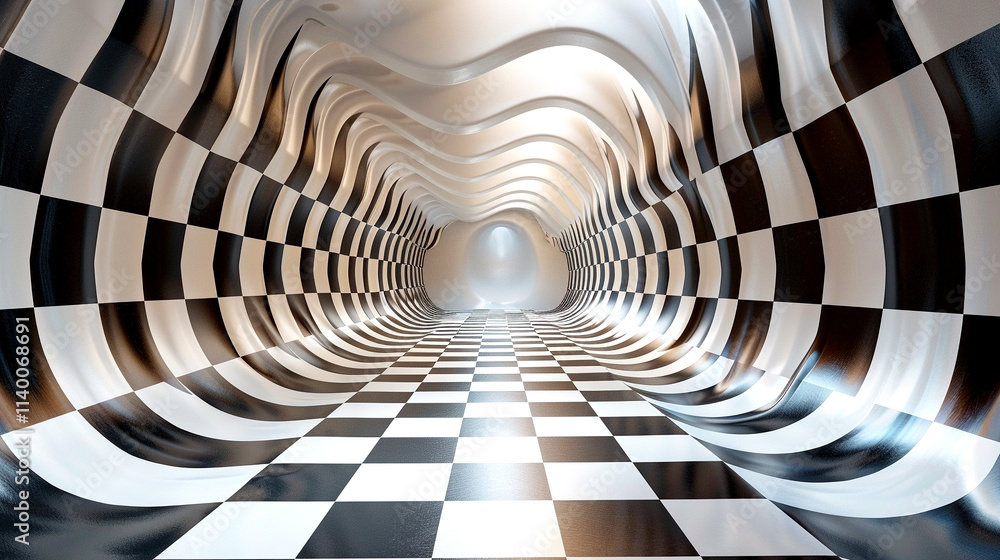 Poster unique perspective in a warped checkerboard tunnel filled with light and curves