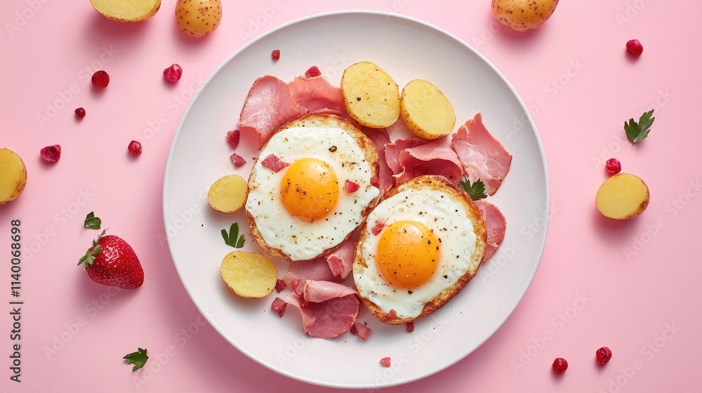 Poster fried eggs with ham and potatoes served on a pink background garnished with strawberries and parsley