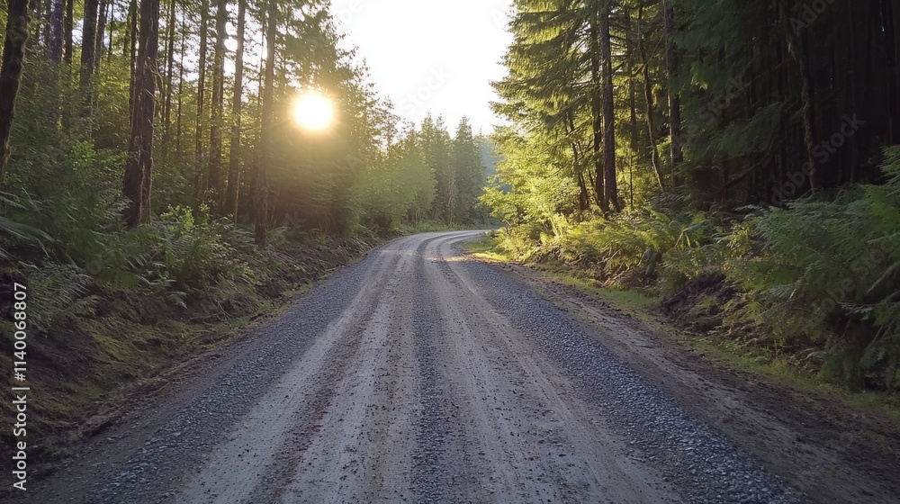 Aufkleber serene gravel road winding through lush green forest illuminated by sun rays filtering through wet t