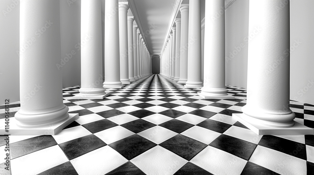 Poster endless corridor of white columns and checkerboard tiles creating surreal depth