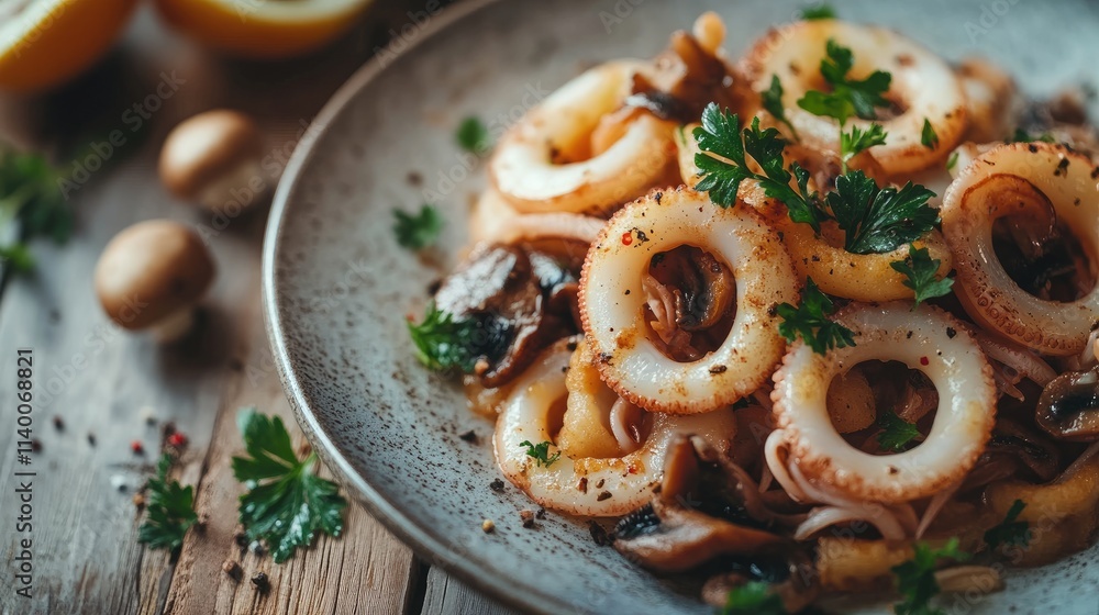 Poster delicious squid rings with mushrooms garnished with parsley served on a rustic wooden table with lem
