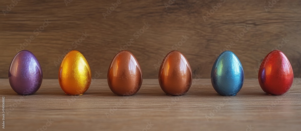 Poster colored chocolate easter eggs arranged on a wooden surface with ample space for text or custom copy 