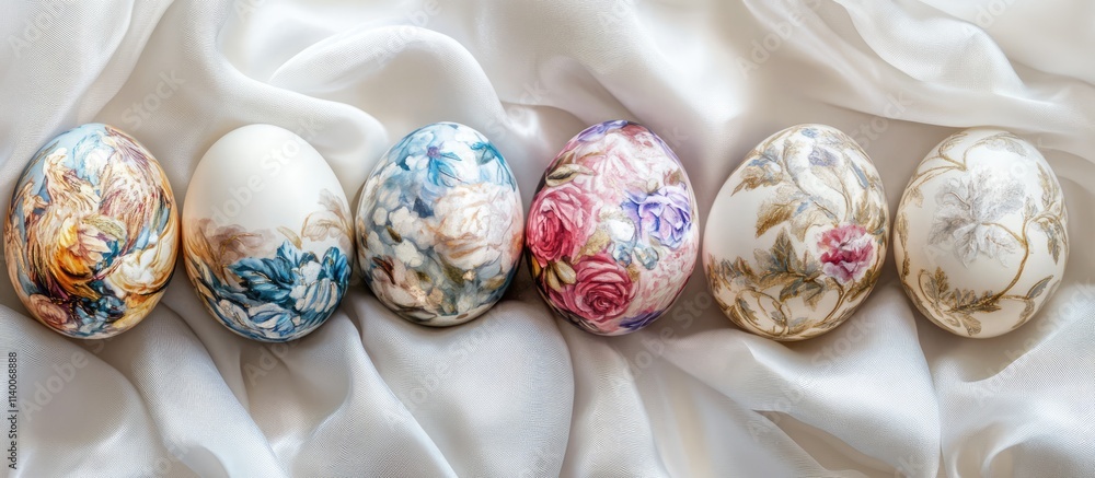 Poster decorative decoupage easter eggs arranged elegantly on a soft silky white background showcasing intr