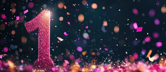 Glittering number one with confetti for celebration and milestone events showcasing joy and festivity in a vibrant atmosphere