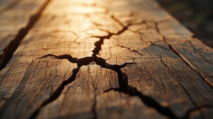 Obraz premium Textured close-up of a weathered wooden board showcasing intricate cracks and rustic details illuminated by warm sunlight.