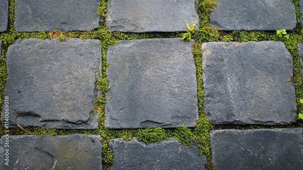 Poster weathered stone pavement with moss growing between the tiles showcasing a rustic texture in natural 