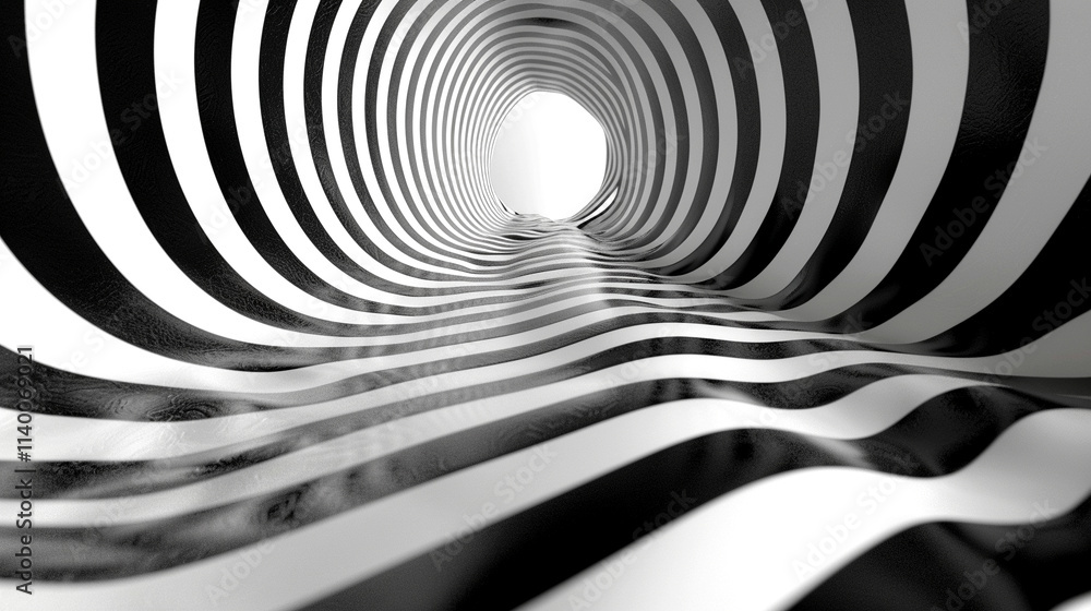 Poster striking patterns create an illusion of depth in a surreal tunnel view