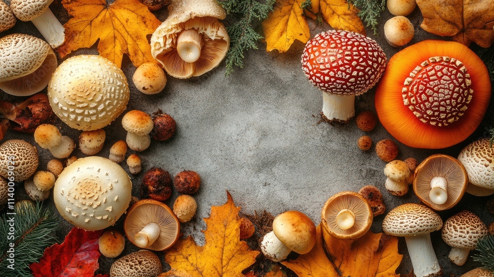 Poster aerial view of assorted mushrooms surrounded by autumn leaves in a forest setting showcasing natural