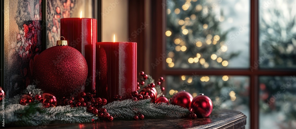 Poster Elegant red Christmas candles with festive decorations creating a warm holiday atmosphere near a window with a beautiful tree in the background