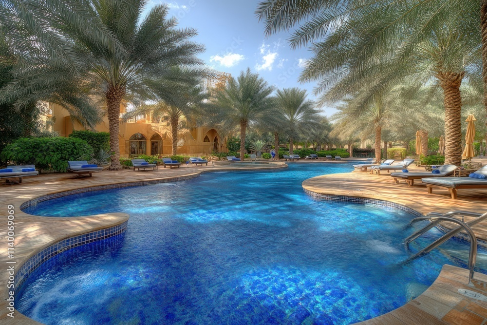 Poster a serene pool surrounded by palm trees in a luxurious resort setting.