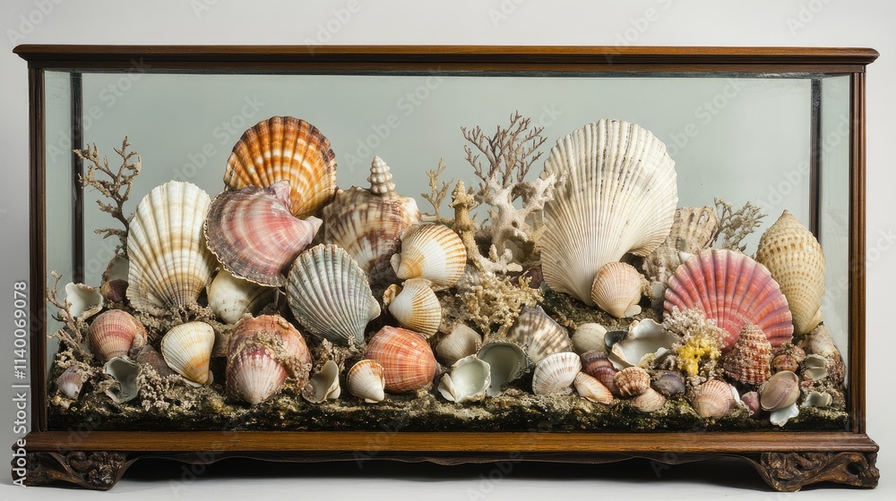 Poster assorted seashells and scallops beautifully arranged in a decorative glass display highlighting ocea