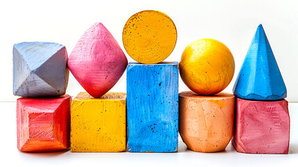 Colorful arrangement of playful geometric shapes stacked artistically