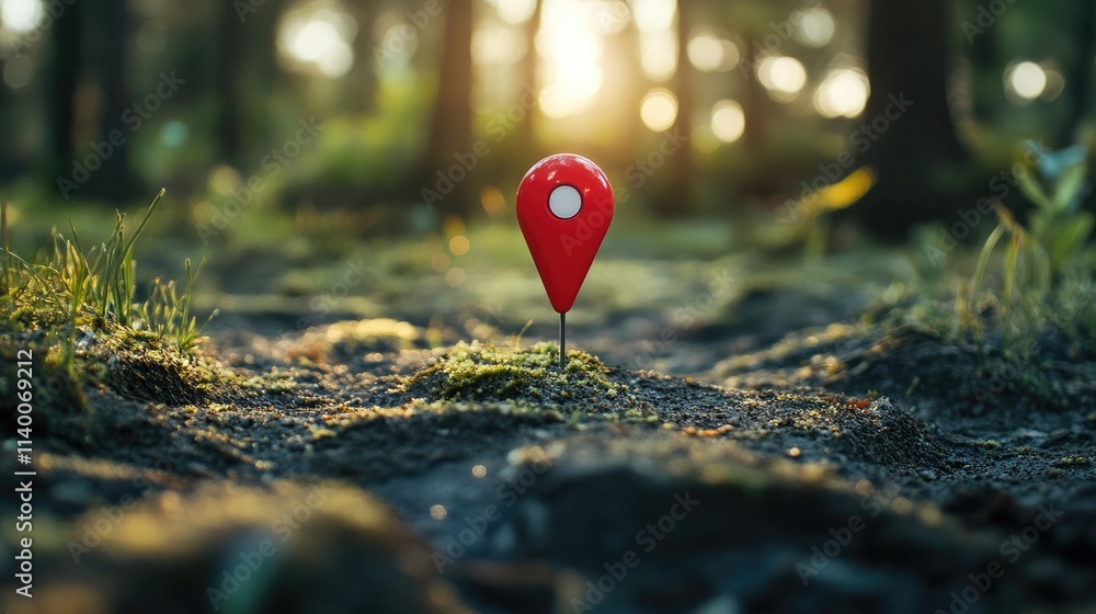 Poster GPS Location Marker in Nature with Sunlight Filtering Through Trees in a Forest Setting