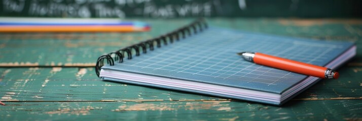 Notebook and pen on a wooden desk with a grid pattern during a study session in a classroom setting. Generative AI