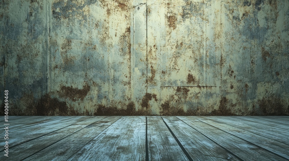 Poster rustic weathered tin wall with cracked paint and textured wooden floor creating an industrial backdr