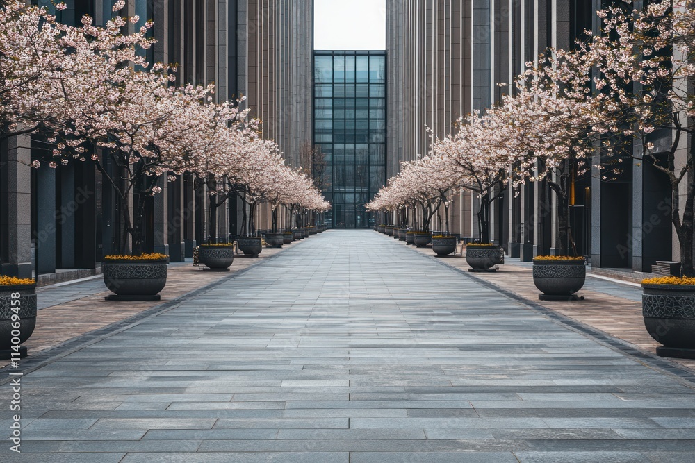Poster a serene pathway lined with cherry blossom trees and modern architecture.
