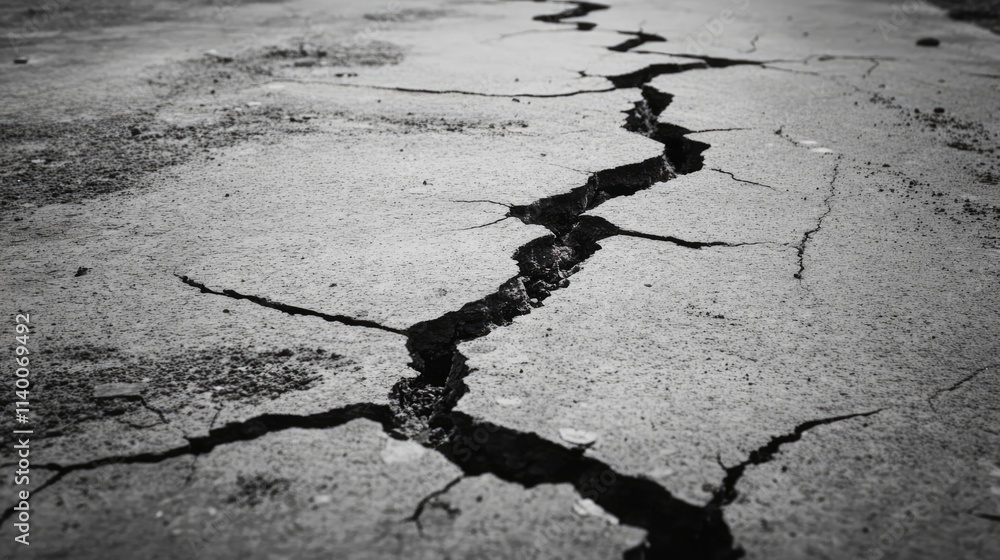 Poster dry cracked soil close-up texture showcasing significant fissures and desolation in a monochrome set