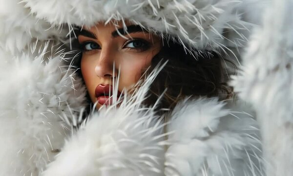 Jeune femme brune aux yeux clairs portant une capuche en fausse fourrure blanche, regard intense et maquillage soign&eacute;, portrait hivernal &eacute;l&eacute;gant et mode