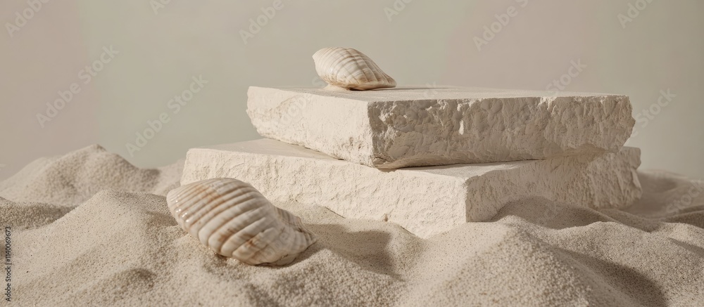 Aufkleber Decorative plaster podiums with seashells set in soft sand creating a serene coastal ambiance for artistic compositions and presentations.