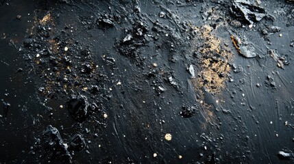 Abstract texture of waste oil showcasing dark viscous layers and scattered debris creating a gritty and industrial atmosphere
