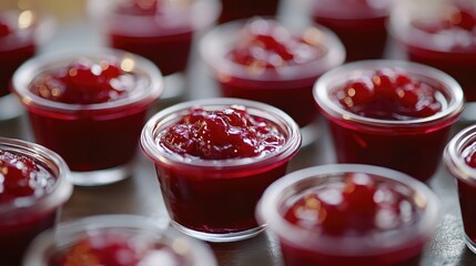 Cranberry jelly served in small glass cups arranged neatly on a table for festive gatherings and culinary presentations.