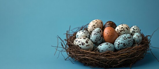 Obraz premium Colored quail eggs in a nest on blue background showcasing natural beauty and vibrant colors in a spring or Easter theme.